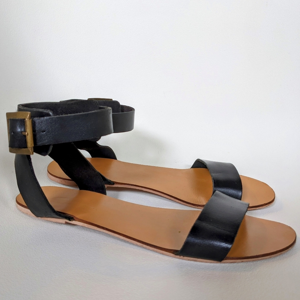 Minimalist elegant black leather sandals flats ankle strap